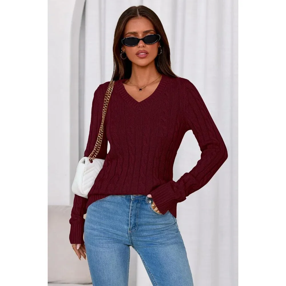 V Neck Cable Knit Sweater Women Fitted Long Sleeve Fall Top Casual Style - Picture 4 of 6